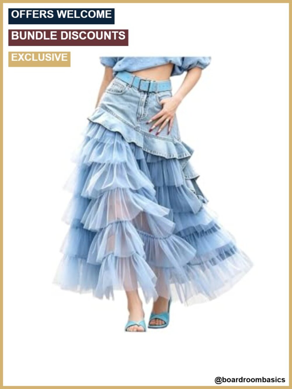 Y2K Denim and Tulle Layered Maxi Skirt High Waist A-Line Tiered